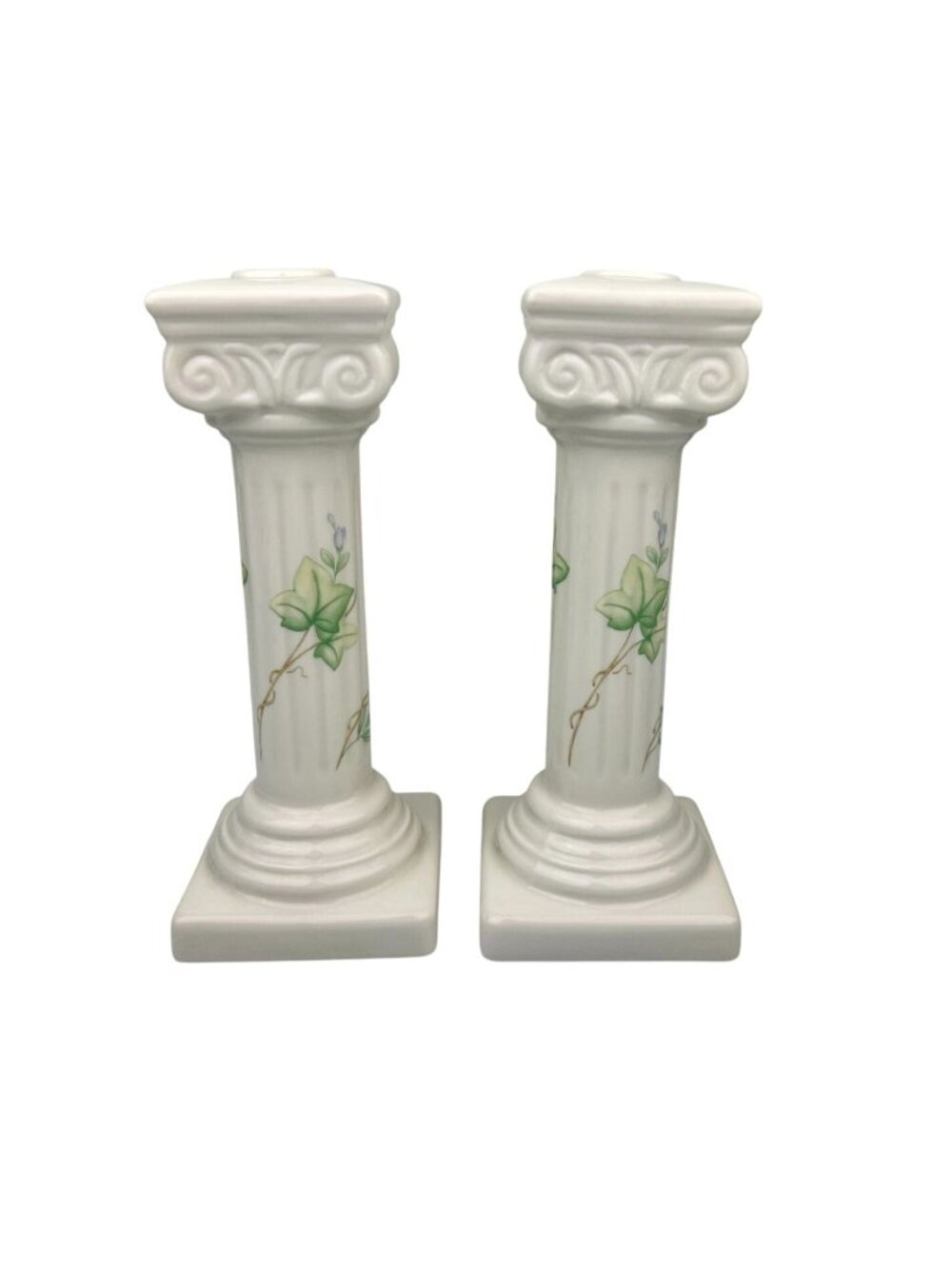 Belleek Classic Ivy Column Taper Candlesticks Ireland Ceramic Green Mark Home